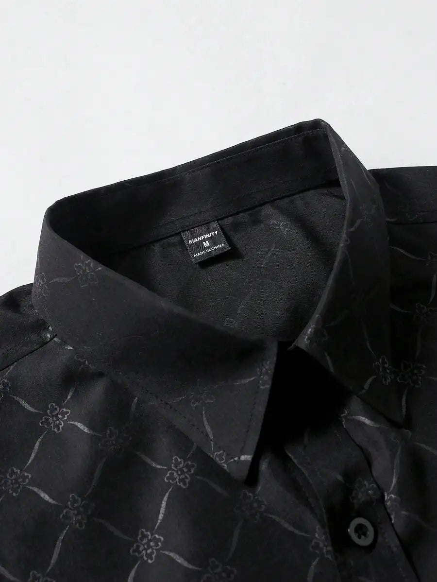 Men's Slim Fit Long Sleeve Button Down Dress Shirt with Geometric Pattern, Black, Fall
