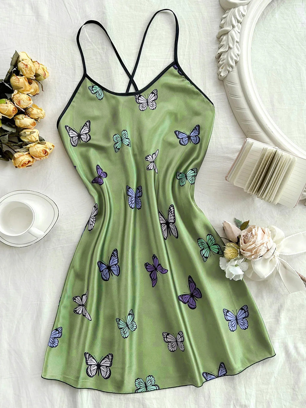 Silk Stain Butterfly  Nightdress for Women Sexy Nightgowns Backless Pajamas Casual Home wear Sleepshirts