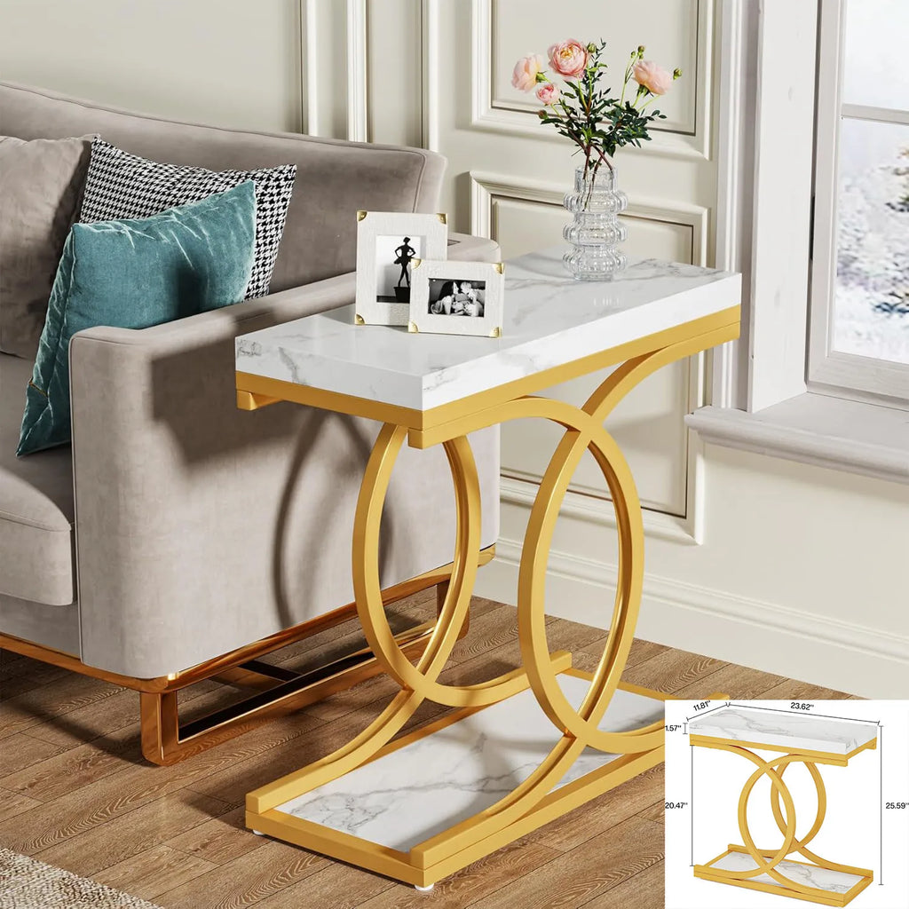 Square End Table White Gold 2-Tier Side Table Modern Small Bedside Table with Storage for Couch