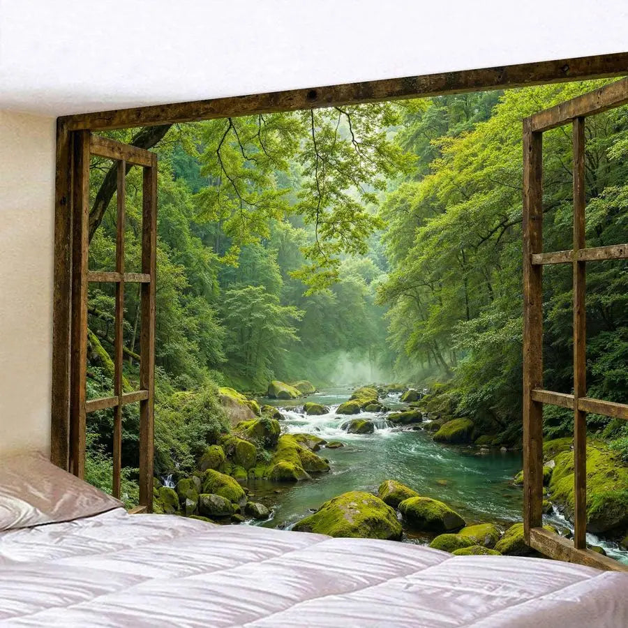 Window Forest Tapestry Green Nature Jungle Wall Tapestry for Bedroom Aesthetic Rainforest Stream Outdoor Landscape