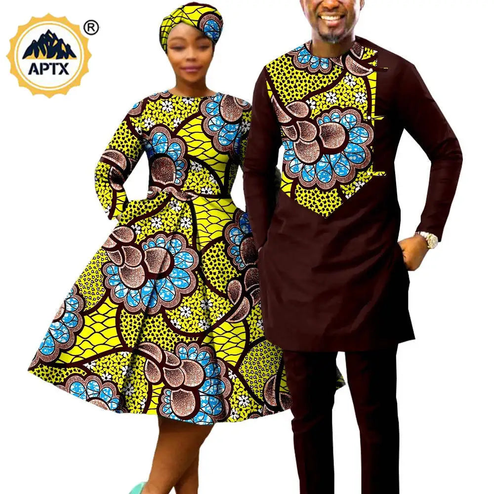 African Print Dresses for Women with Head wrap Matching Couple Outfits Men Patchwork Shirt and Pants Sets