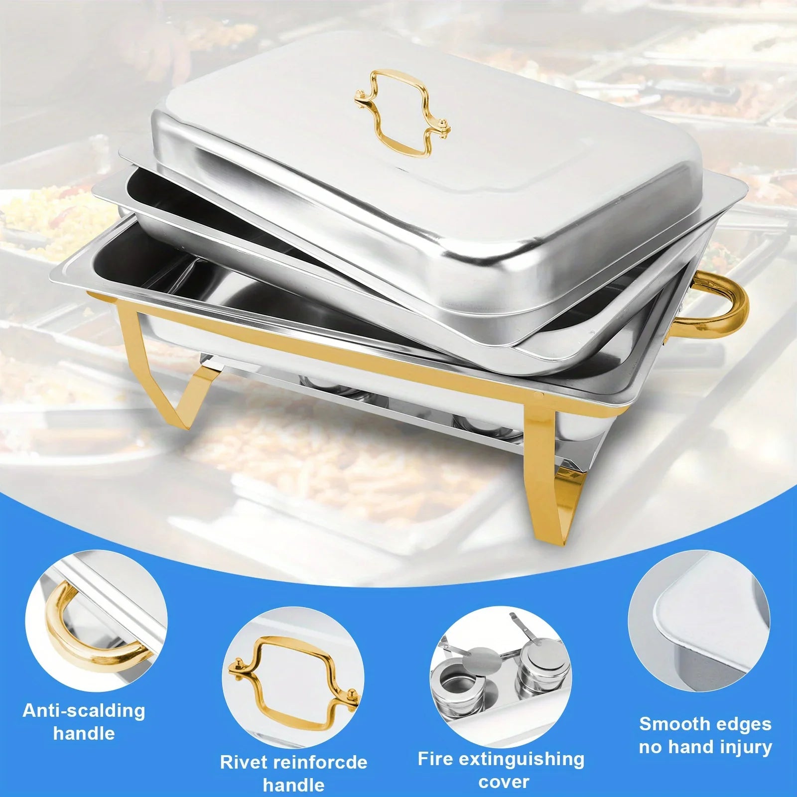 4 Pack 8QT Chafing  Buffet Set Stainless Steel Food Warmer Chafer Complete Fuel Holder for Catering,