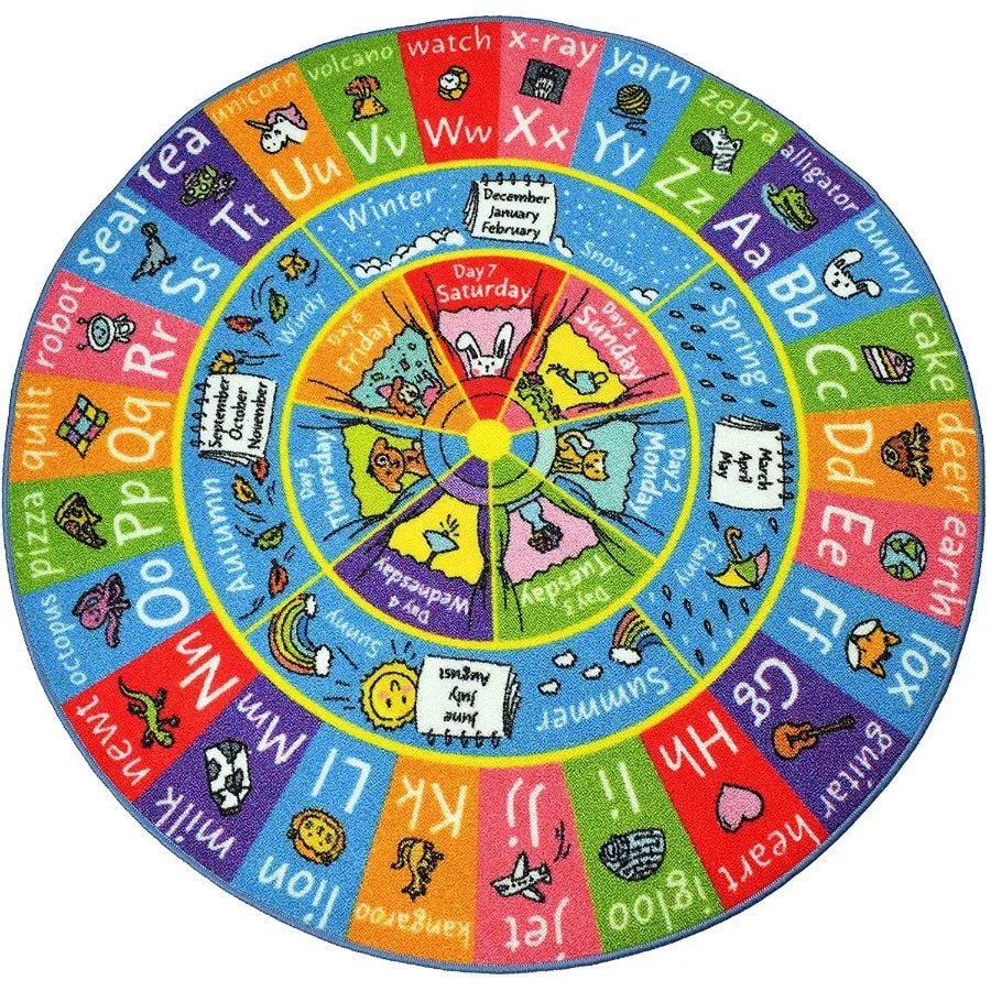Alphabet Seasons Months and Days of The Week Educational Learning and Game Round Circle Area Rug Carpet