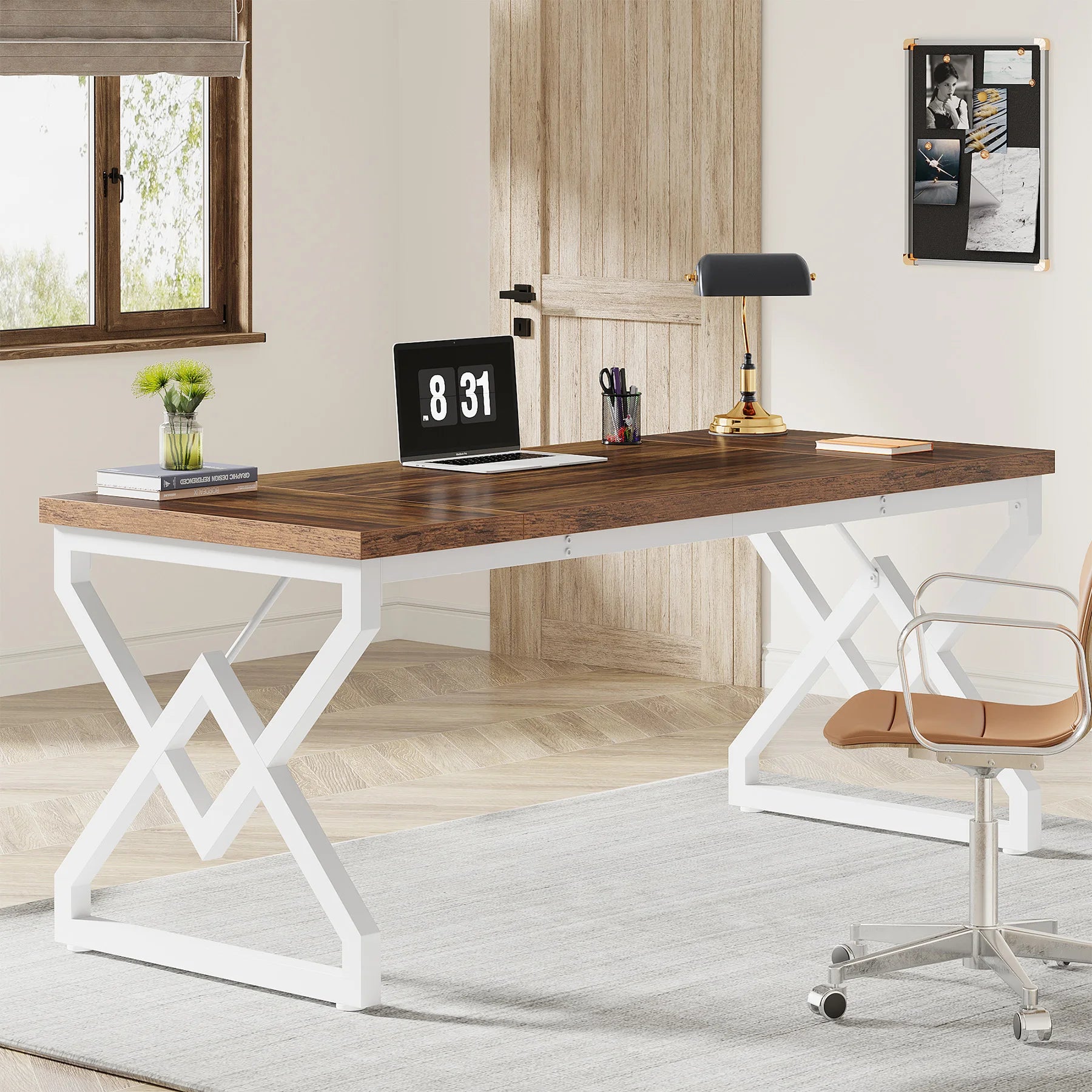 Tribesign 63" Large Industrial Executive Desk  Tabletop & Metal Frame, Heavy-Duty Home Office Desk