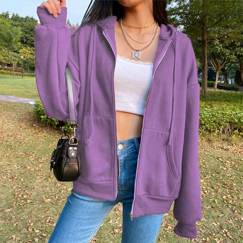 Fleece  Color Hooded  Fashion Sweatshirts Long Sleeve Top Drawstring Pockets Loose Zipper  Hoodies