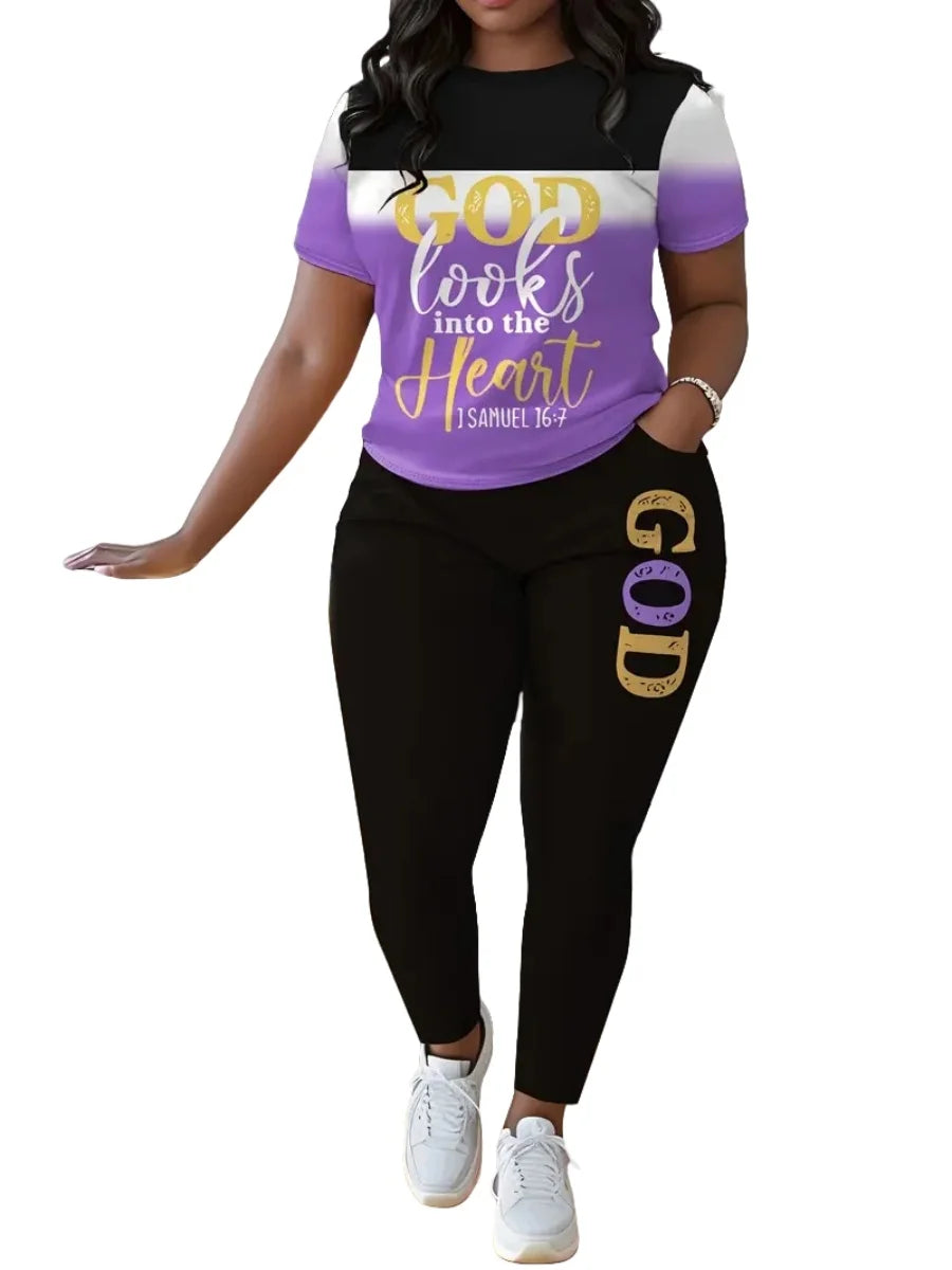Plus Size Casual Women's Suit, Fashionable Gradient Print Color Matching Two-Piece Set