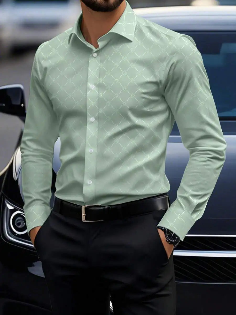 Men's Slim Fit Long Sleeve Button Down Dress Shirt with Geometric Pattern, Black, Fall
