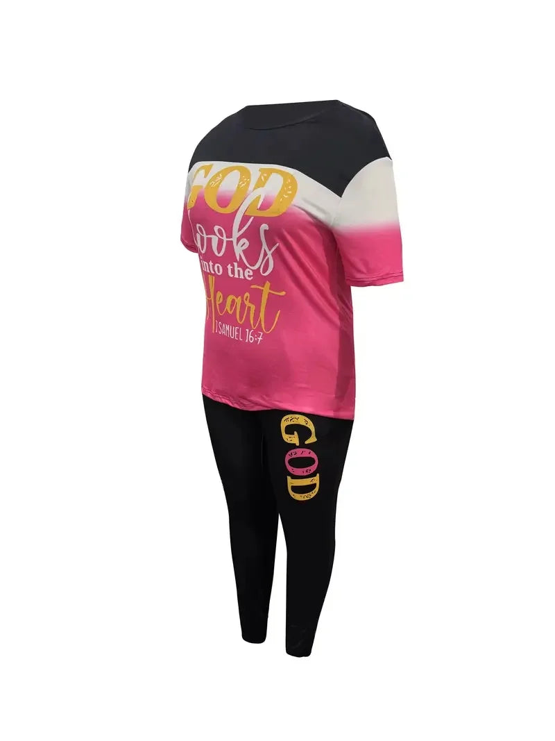 Plus Size Casual Women's Suit, Fashionable Gradient Print Color Matching Two-Piece Set