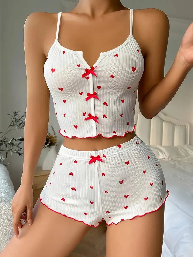 Women Pajamas Set  with Flirty Frill Trim Casual Cami Top and Shorts Sets Loungewear