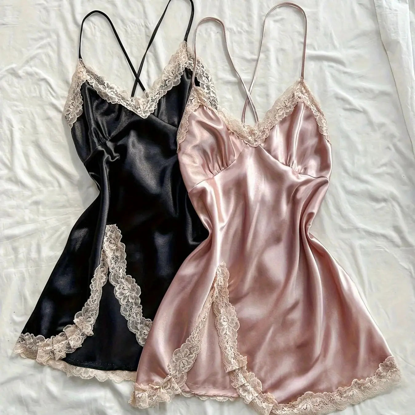 2Pcs  Satin Sleepwear Set Black & Blush, V-Neck Strapless Nightgown Lingerie Dress, All-Season Nightwear