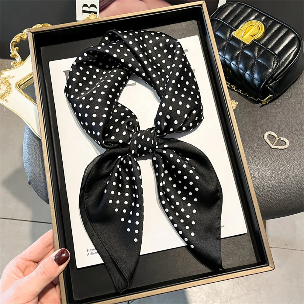 Luxury Polka Dot Print Square Scarf for Women Satin Wraps Neckerchief Female Hair Bands Ribbon Headband