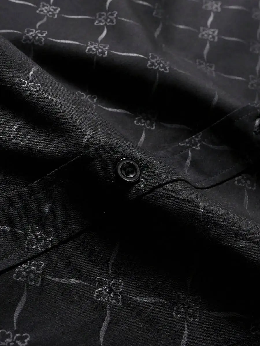 Men's Slim Fit Long Sleeve Button Down Dress Shirt with Geometric Pattern, Black, Fall