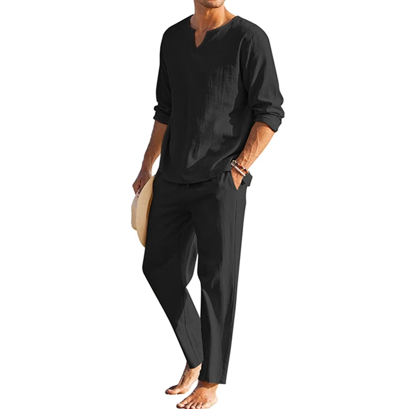 Men s Summer Cotton Linen   Long Sleeve Henley Shirt Elastic Waist Drawstring Pants 2 Pieces Loungewear Set