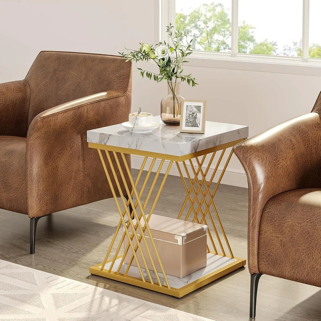 Square End Table White Gold 2-Tier Side Table Modern Small Bedside Table with Storage for Couch