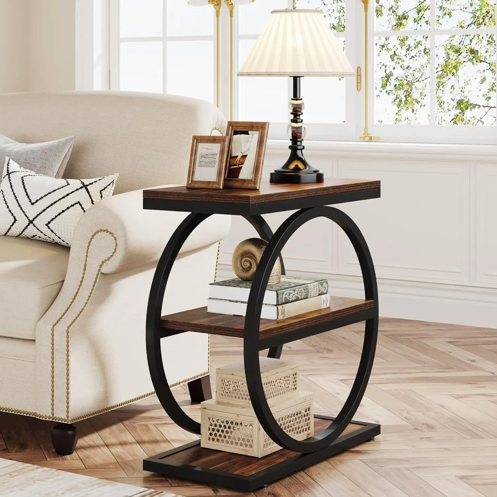 End Table with 3 Storage Shelves and Black Metal Frames for Living Room, and Bedside Table for Bedroom