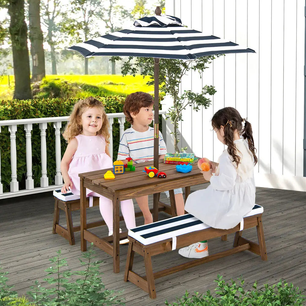 Kids Wood Picnic Table and Bench Set w/Cushions Umbrella for Indoor Outdoor