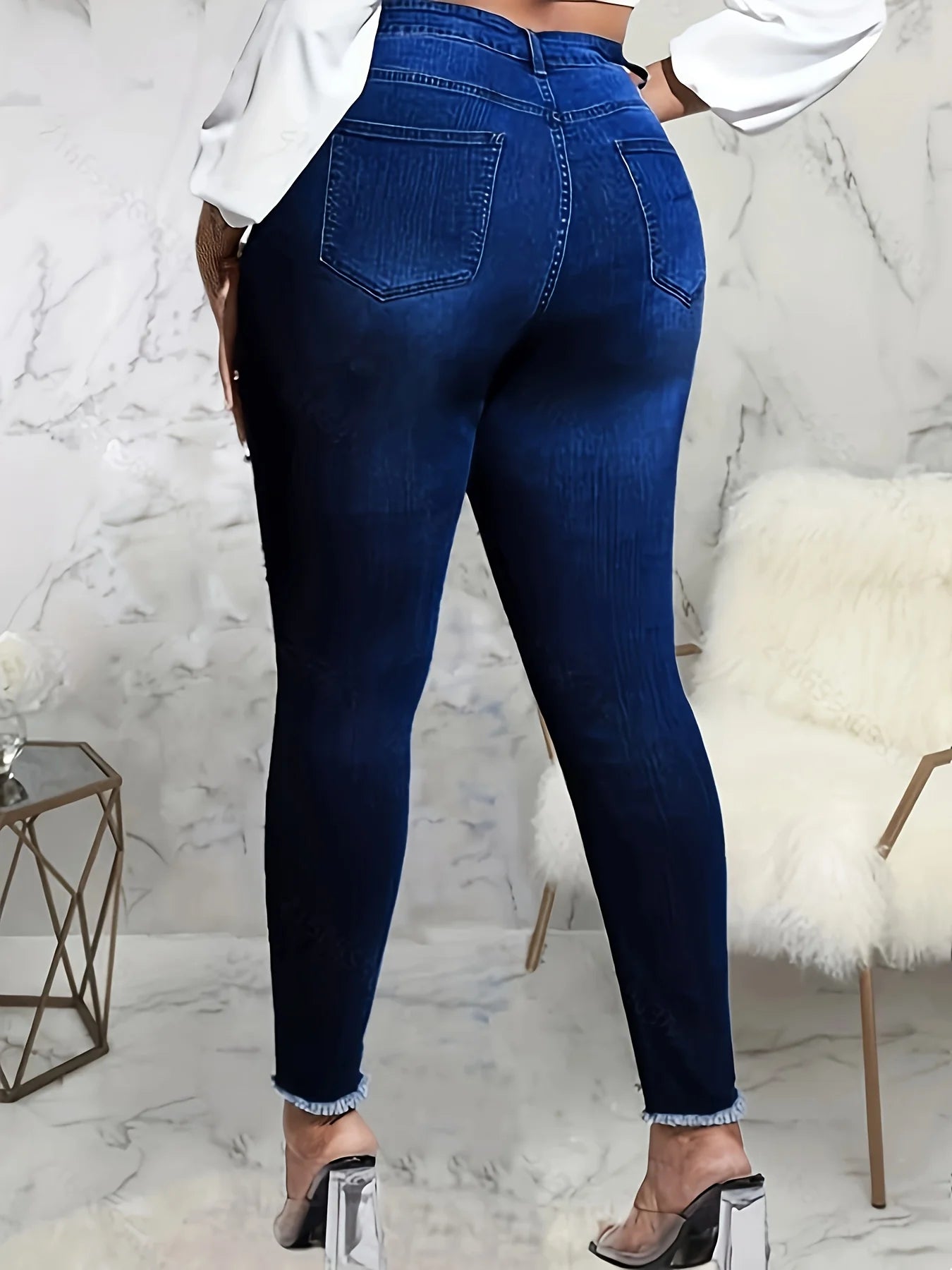 Women's fashionable casual wash blue pearl rhinestone inlaid with high waist stretchy slim buttocks tight nine-point jeans