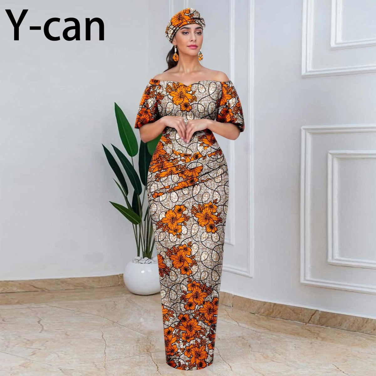 African Party Dresses for Women Off Shoulder Folds Women Maxi Dress with Headscarf and Earrings Traditional Wedding