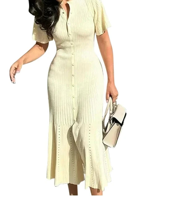 Knit Solid Women's Dress Short Sleeve O Neck  Dresses  Elegant Summer Single Breasted Hip