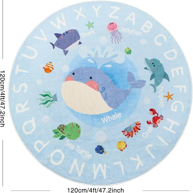 ABC Fruit PlayMat Round Alphabet Rug for Kid Playroom Preschool Classroom Floor Mat with ABC Numbers Animals Educational Design