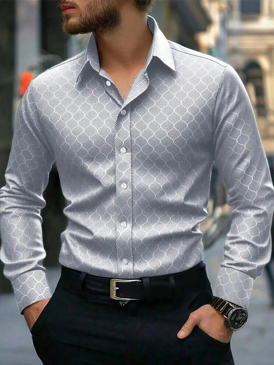 Men's Slim Fit Long Sleeve Button Down Dress Shirt with Geometric Pattern, Black, Fall
