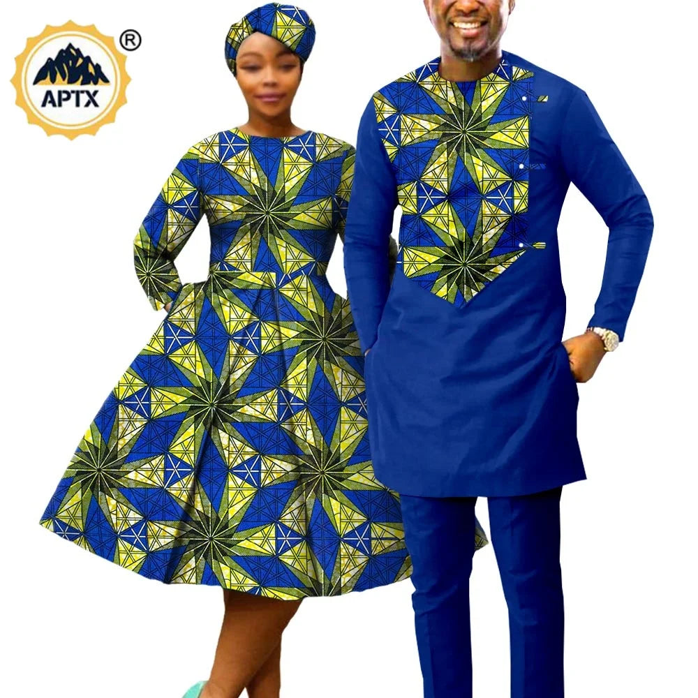 African Print Dresses for Women with Head wrap Matching Couple Outfits Men Patchwork Shirt and Pants Sets