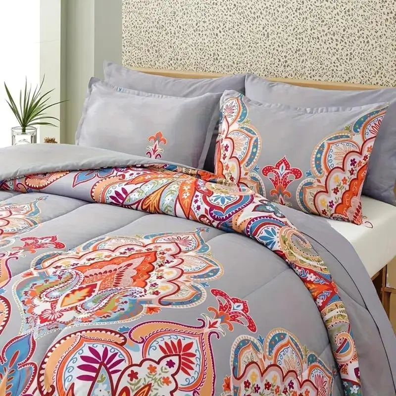 Gray King Comforter Set  Rainbow Floral Design - 3 Piece Bedding Collection