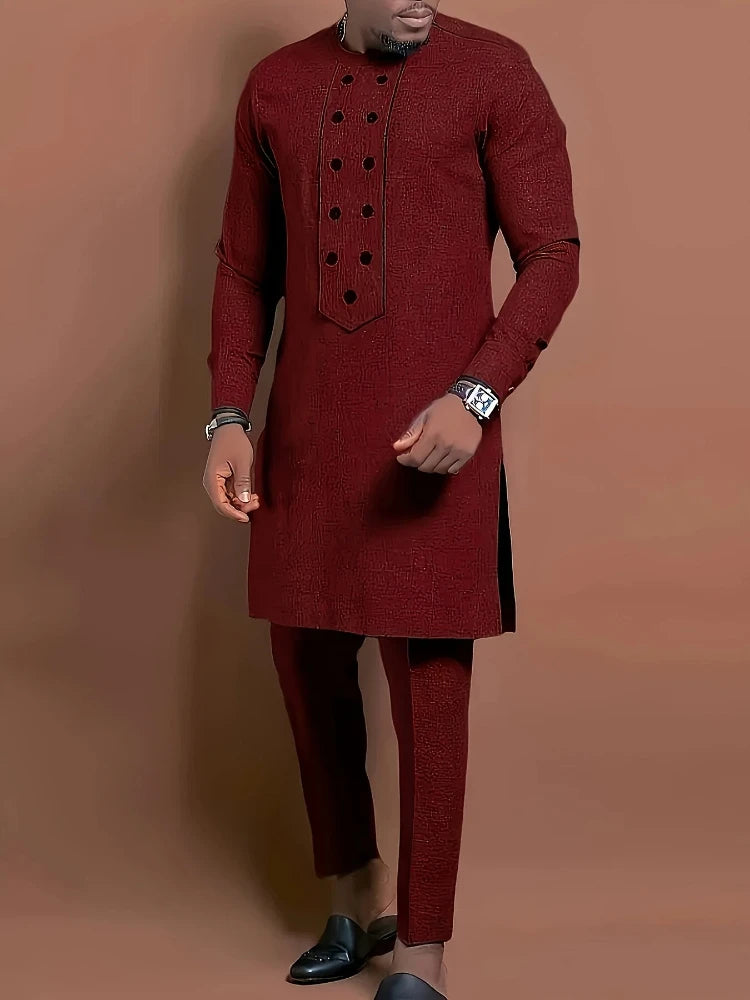 Men's Casual Long-Sleeved Two-Piece Set: Mid-Length Top and Trousers