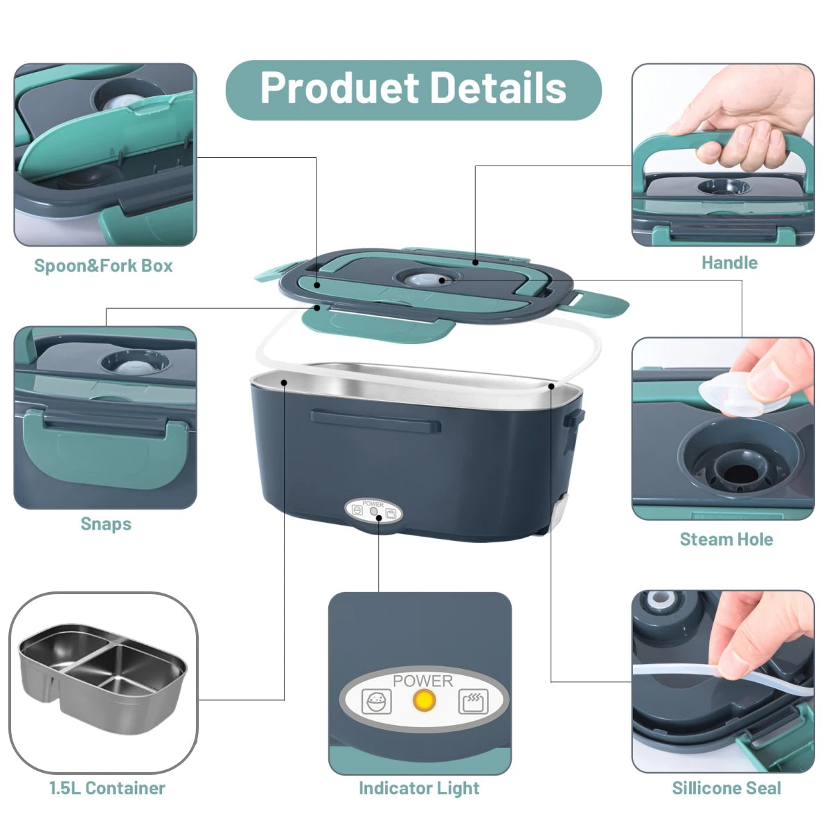 Electric Lunch Box for Adults-60W Fast Heated Lunch Box for with Dual 1.5LStainless Steel Containers