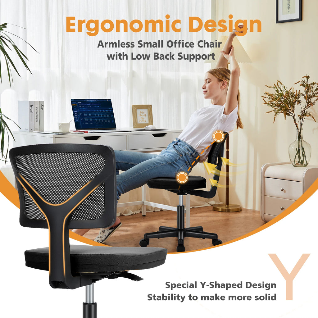 Lumbar Support Armless Office Chair Low Back with Wheels Adjustable Height 360°