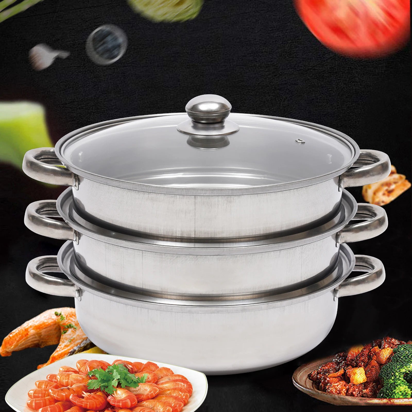 Multi-Function 3 Tier Cook Food Veg Pot Large Stainless Steel Steam Cooker Steamer Kitchen