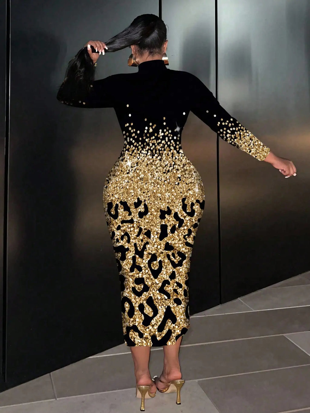 Plus Size Gold Black Leopard Print Sequin Long Sleeve Bodycon Midi Dress for Parties