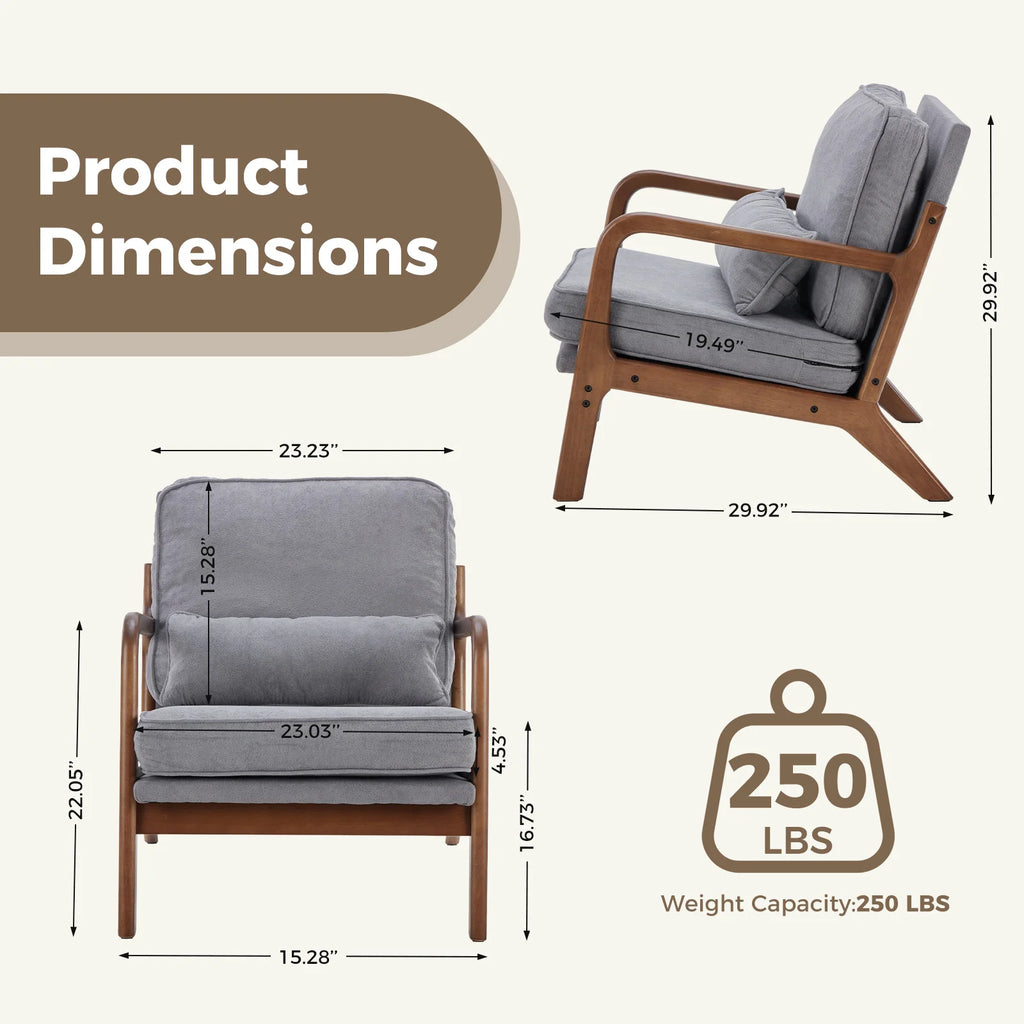 Modern Chair Solid Wooden Frame Accent Chair with Arms and Waist Cushion Reading Chairs
