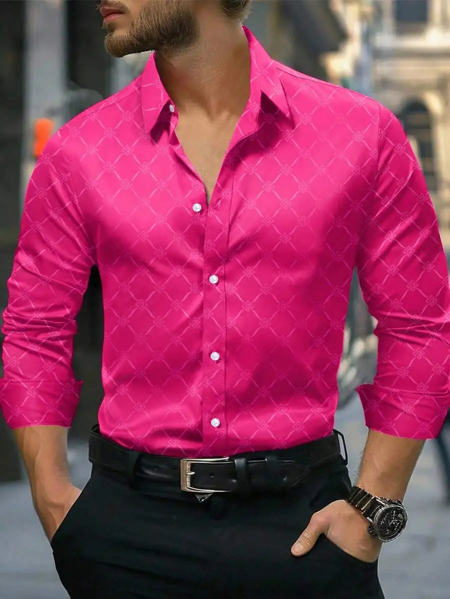 Men's Slim Fit Long Sleeve Button Down Dress Shirt with Geometric Pattern, Black, Fall