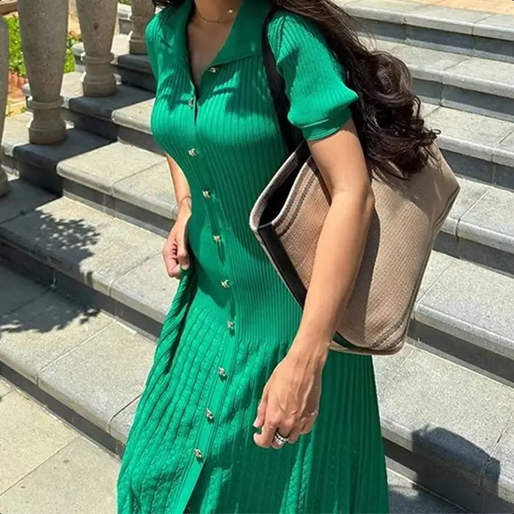 Knit Solid Women's Dress Short Sleeve O Neck  Dresses  Elegant Summer Single Breasted Hip