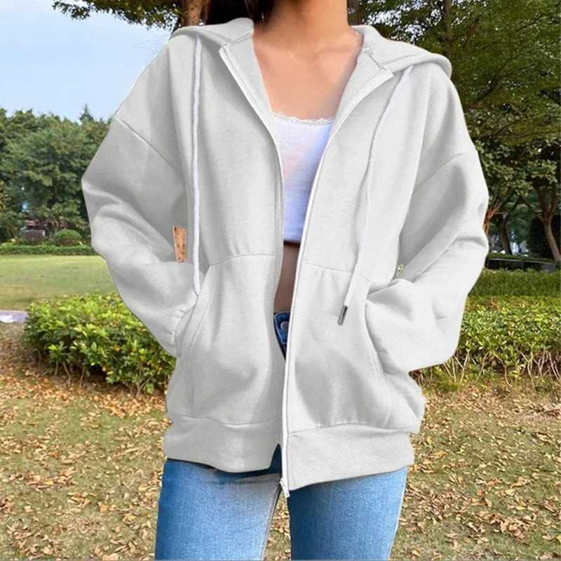 Fleece  Color Hooded  Fashion Sweatshirts Long Sleeve Top Drawstring Pockets Loose Zipper  Hoodies