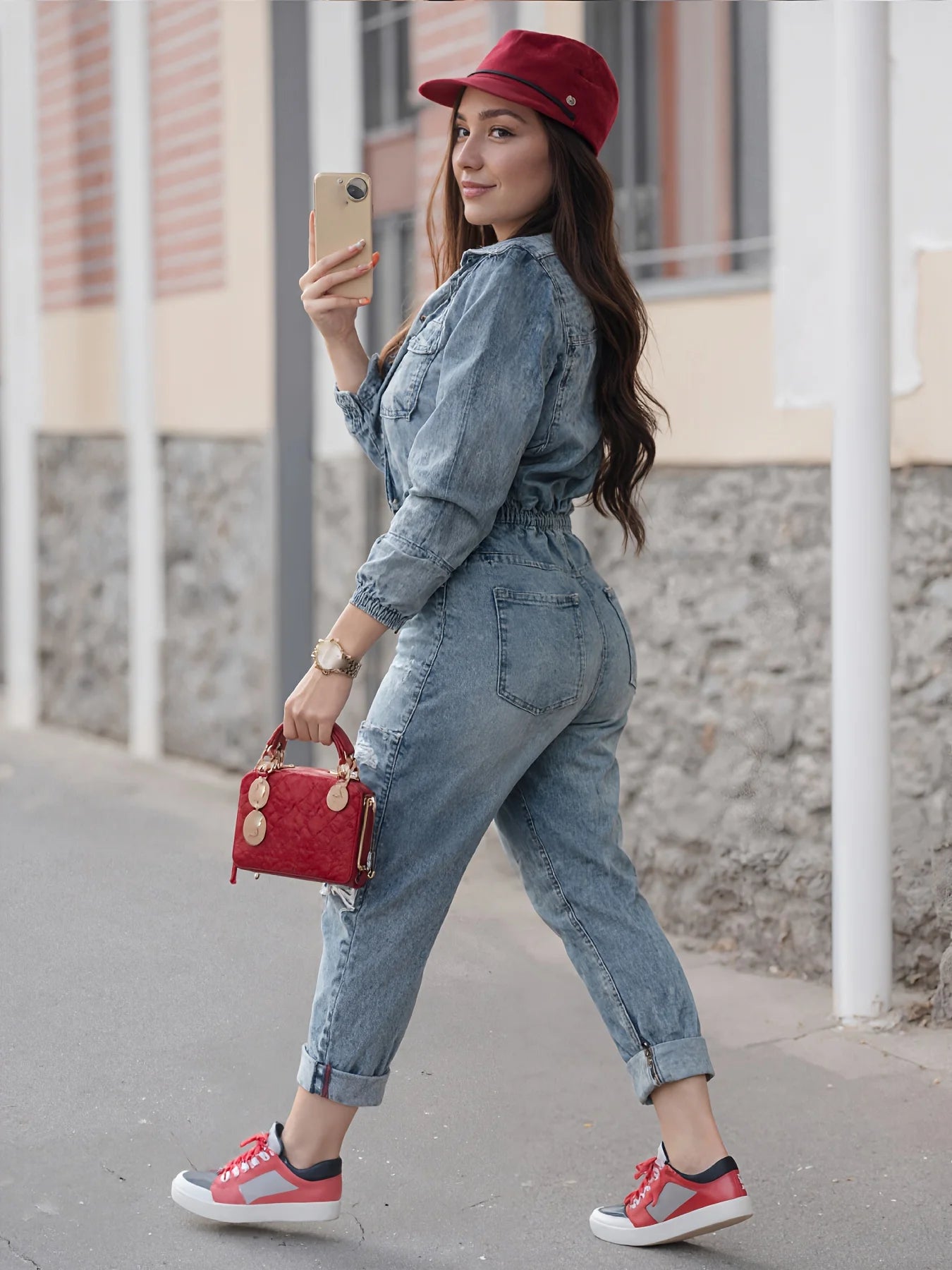 2025 new women's fashionable , slim fit washed long sleeved jumpsuit, street style