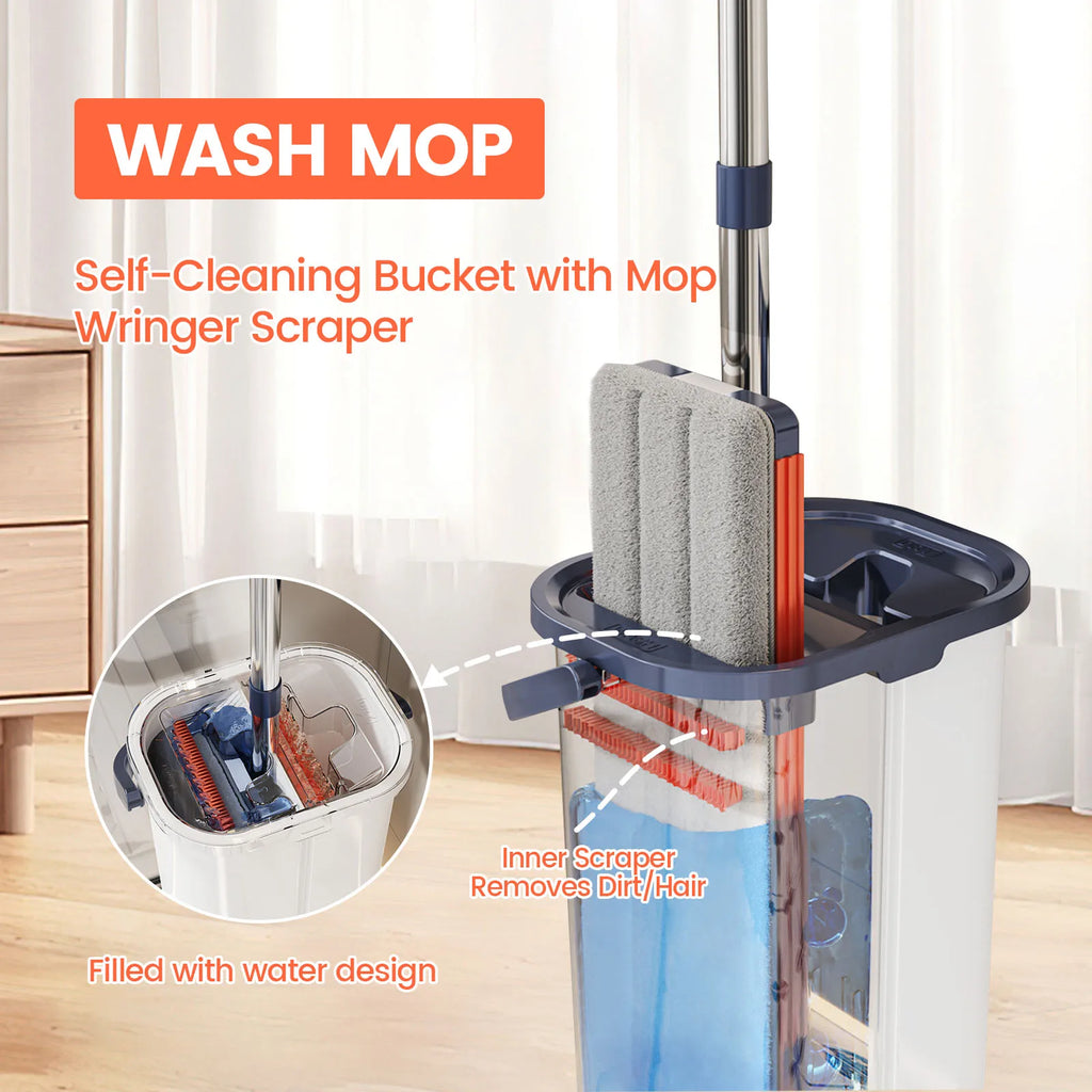 Floor Flat Squeeze Mop with Bucket Hand Free  Cleaning Microfiber 360 Rotating Self-Wringing Mop
