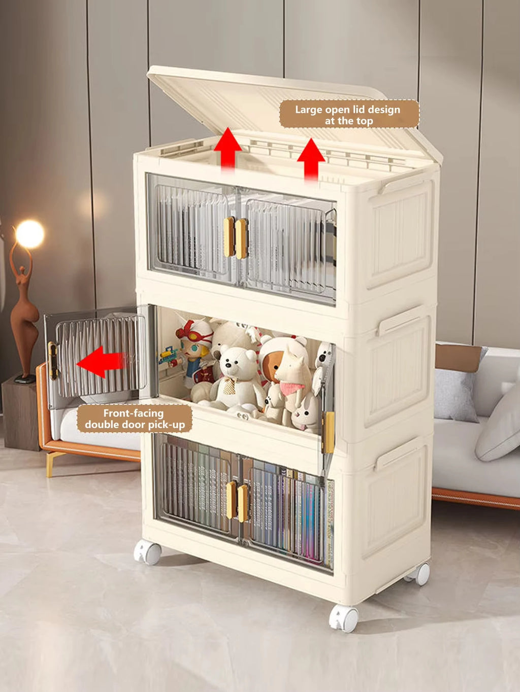 Extra-large 3/4/5-layer foldable plastic storage cabinet with doors, with wheels, stackable