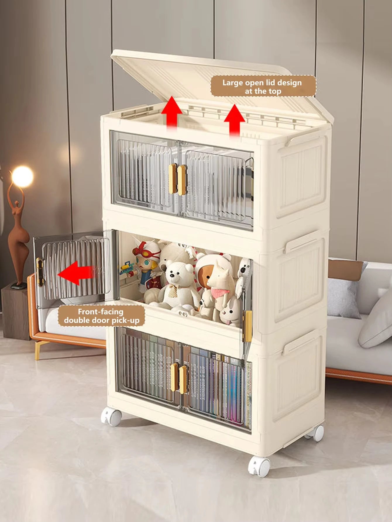 Extra-large 3/4/5-layer foldable plastic storage cabinet with doors, with wheels, stackable