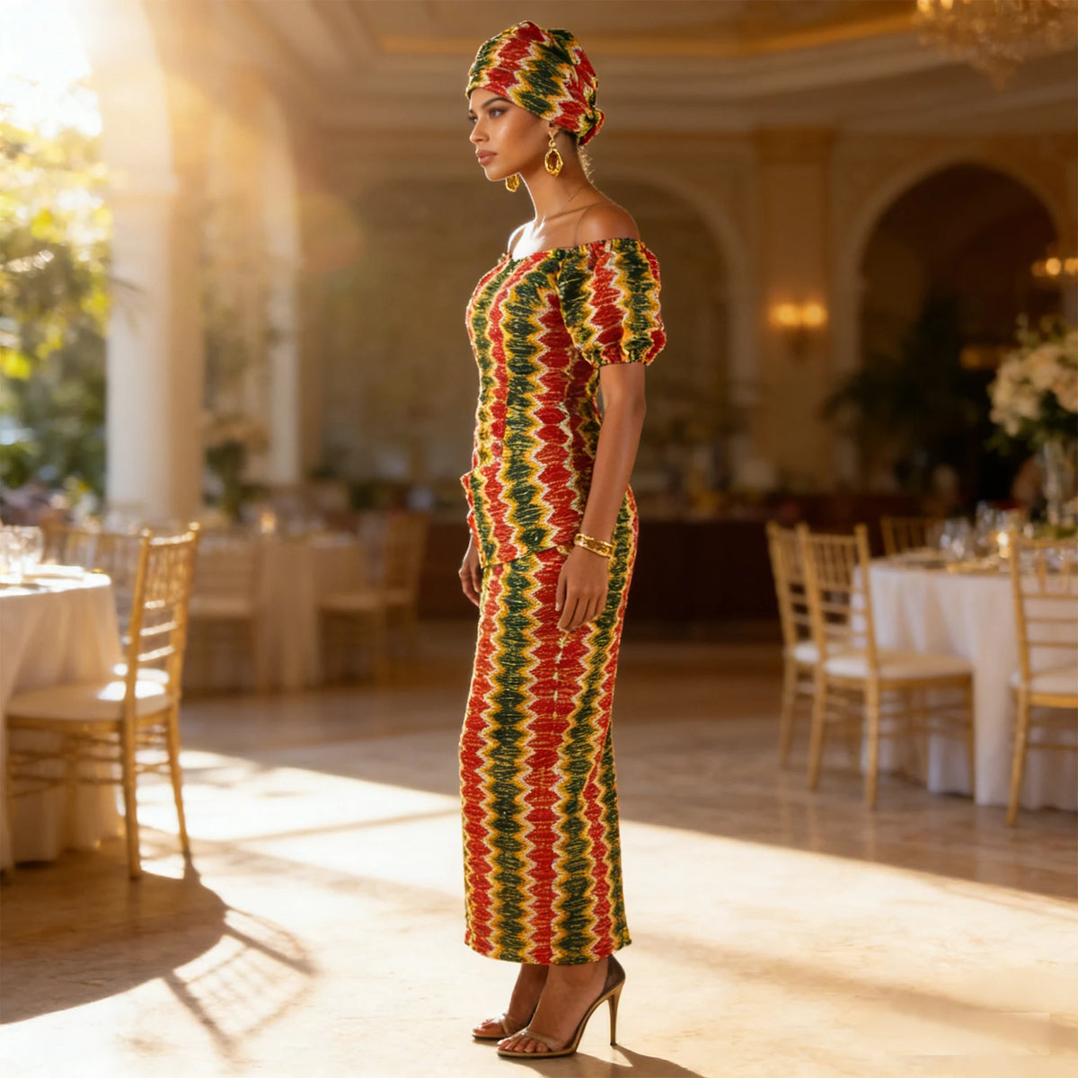 African Party Dresses for Women Off Shoulder Folds Women Maxi Dress with Headscarf and Earrings Traditional Wedding
