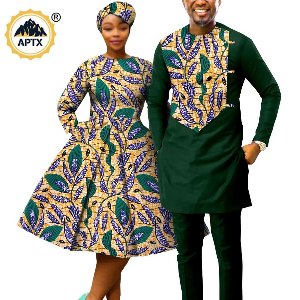 African Print Dresses for Women with Head wrap Matching Couple Outfits Men Patchwork Shirt and Pants Sets