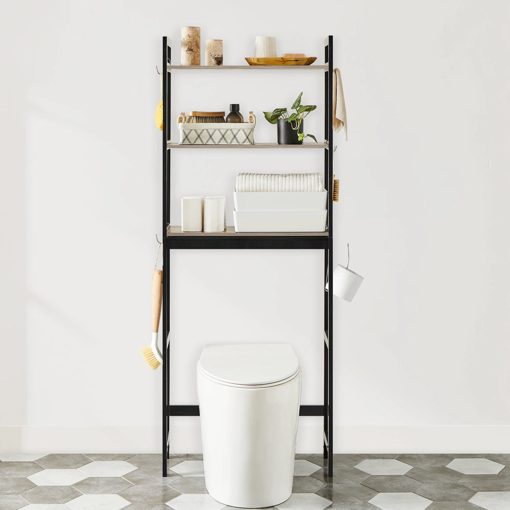 Over-The-Toilet Storage, 3-Tier Bathroom Organizer Adjustable Shelves, Hooks, Bamboo