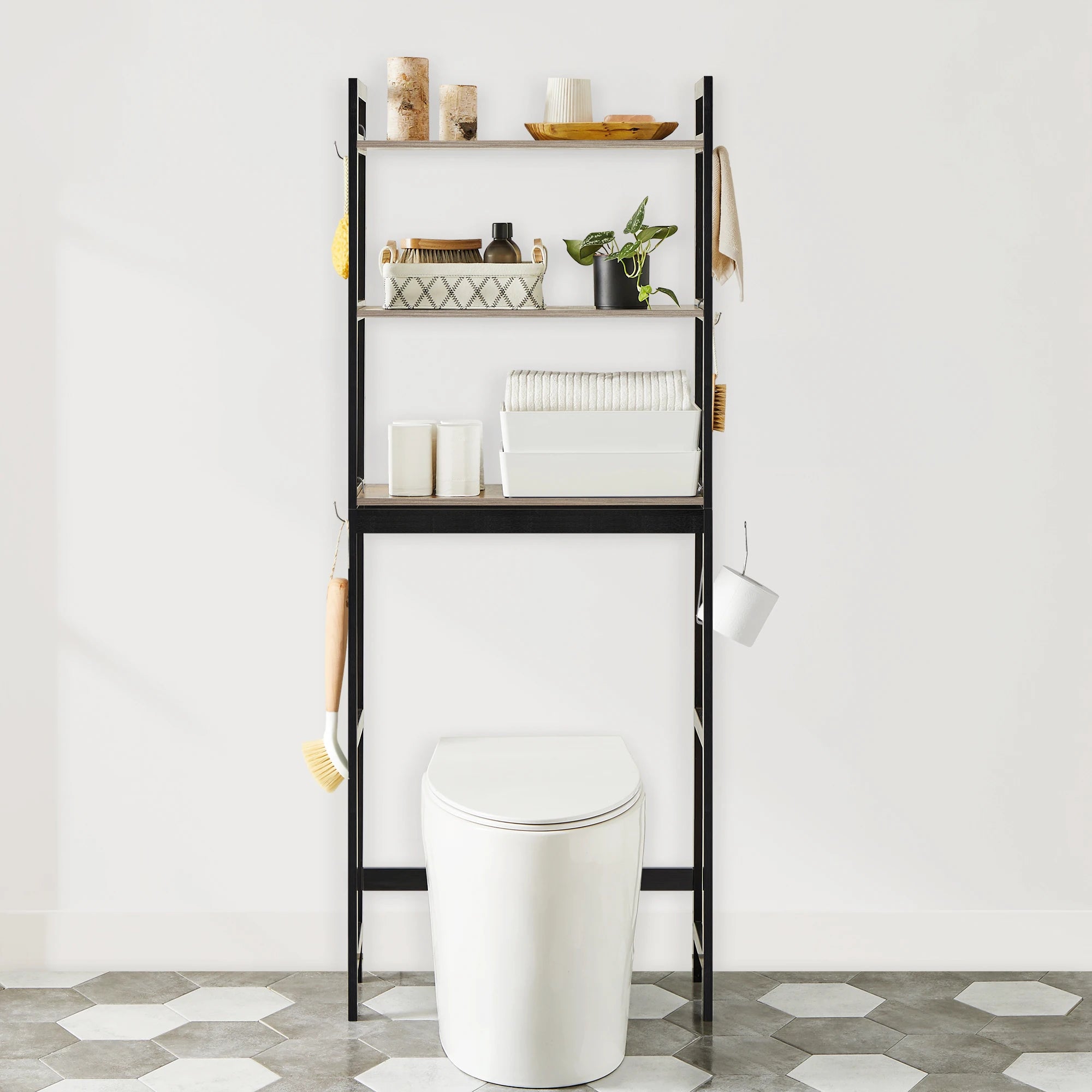 Over-The-Toilet Storage, 3-Tier Bathroom Organizer Adjustable Shelves, Hooks, Bamboo