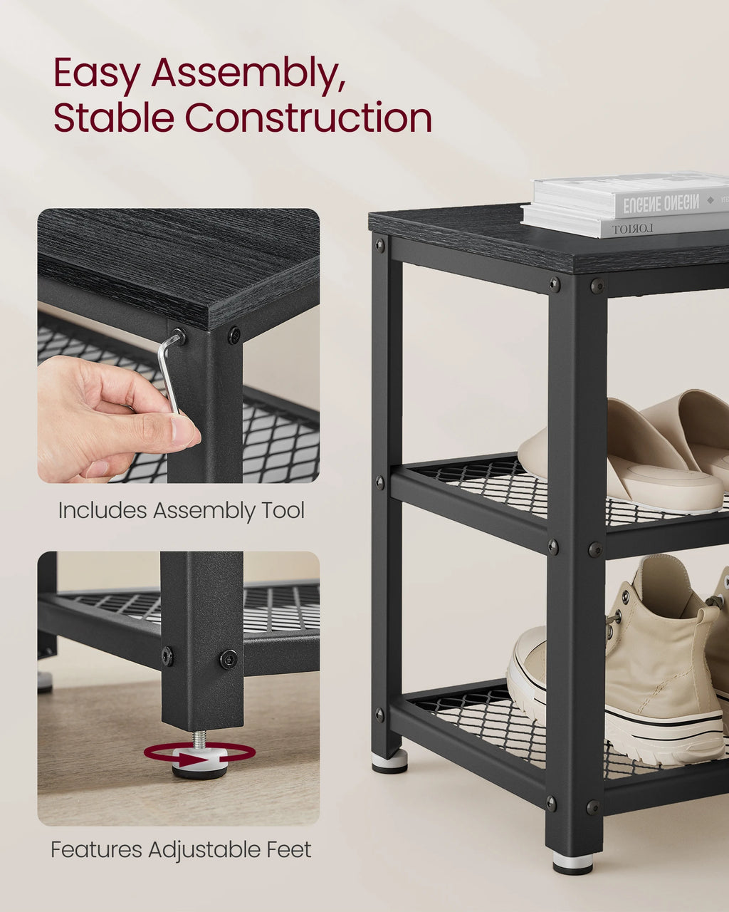 3-Tier Shoe Rack, Shelf Storage Bench with Metal Mesh Shelves and Seat, Free Standing Shoe Organizer