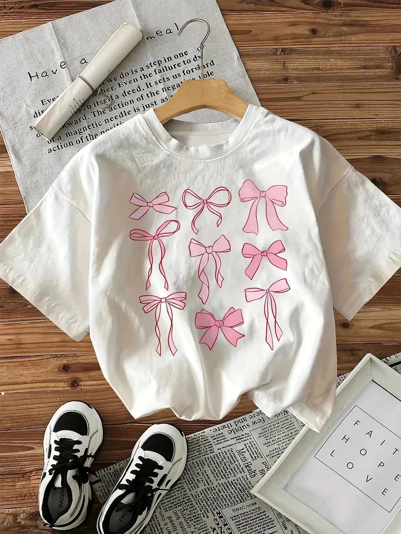 Pink Bow Vintage Style Casual Printed T Shirt Bo Short Sleeve Top  Clothes Women Clothing