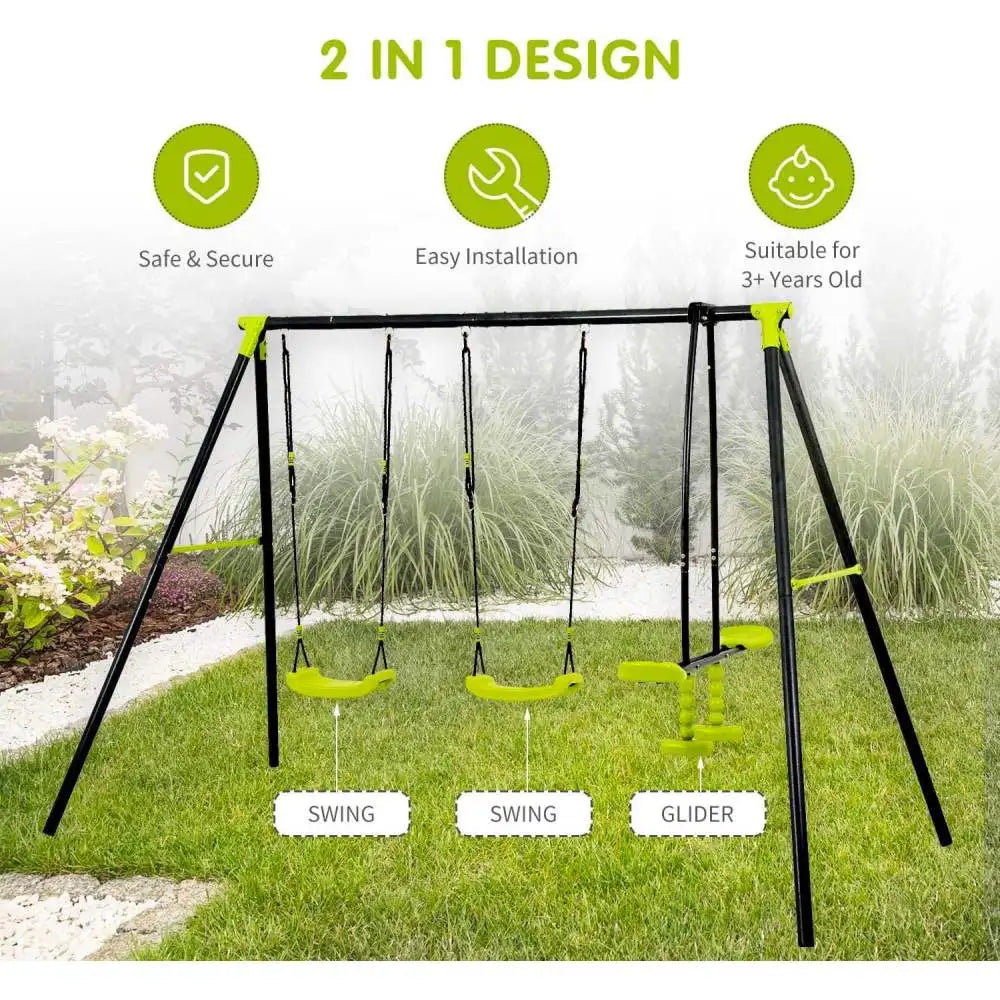outdoor playground three seat swing black and green for age 3+