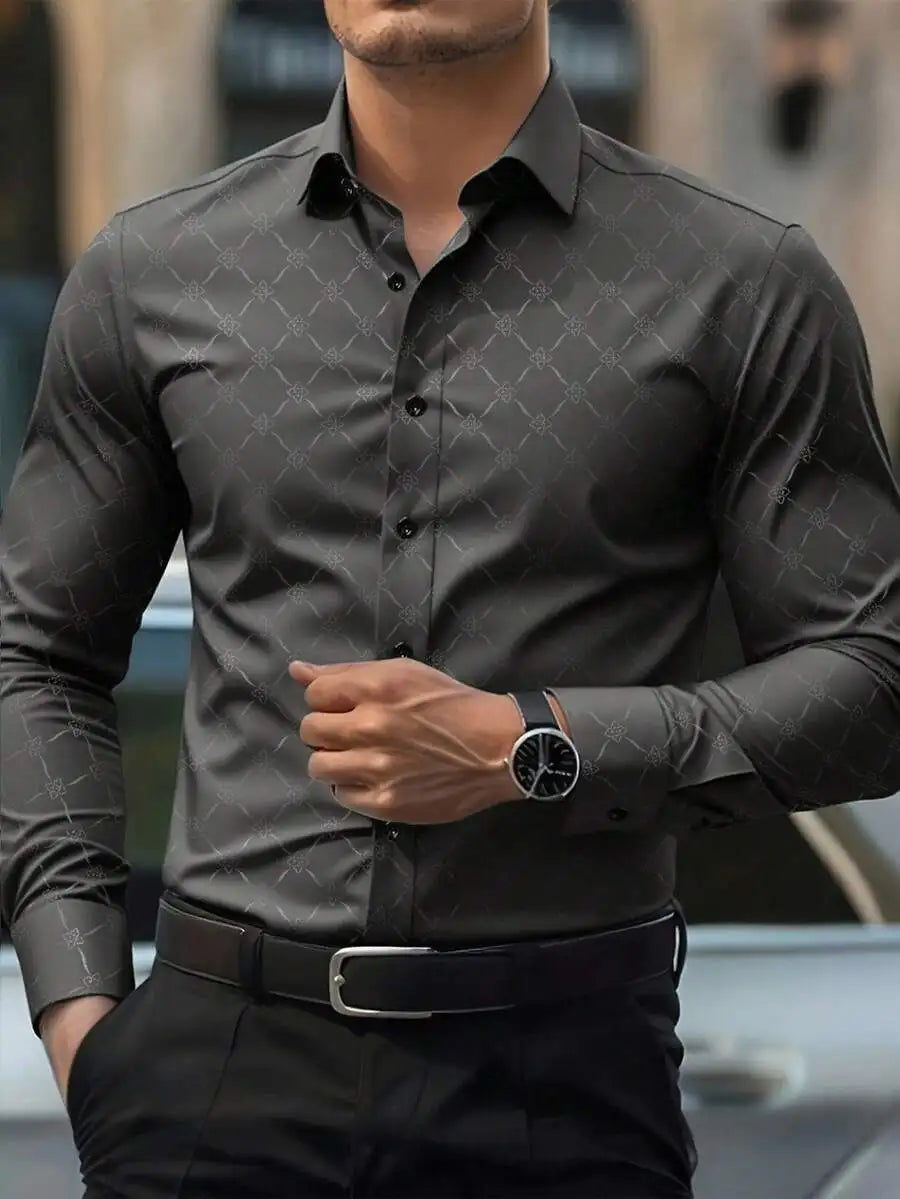 Men's Slim Fit Long Sleeve Button Down Dress Shirt with Geometric Pattern, Black, Fall