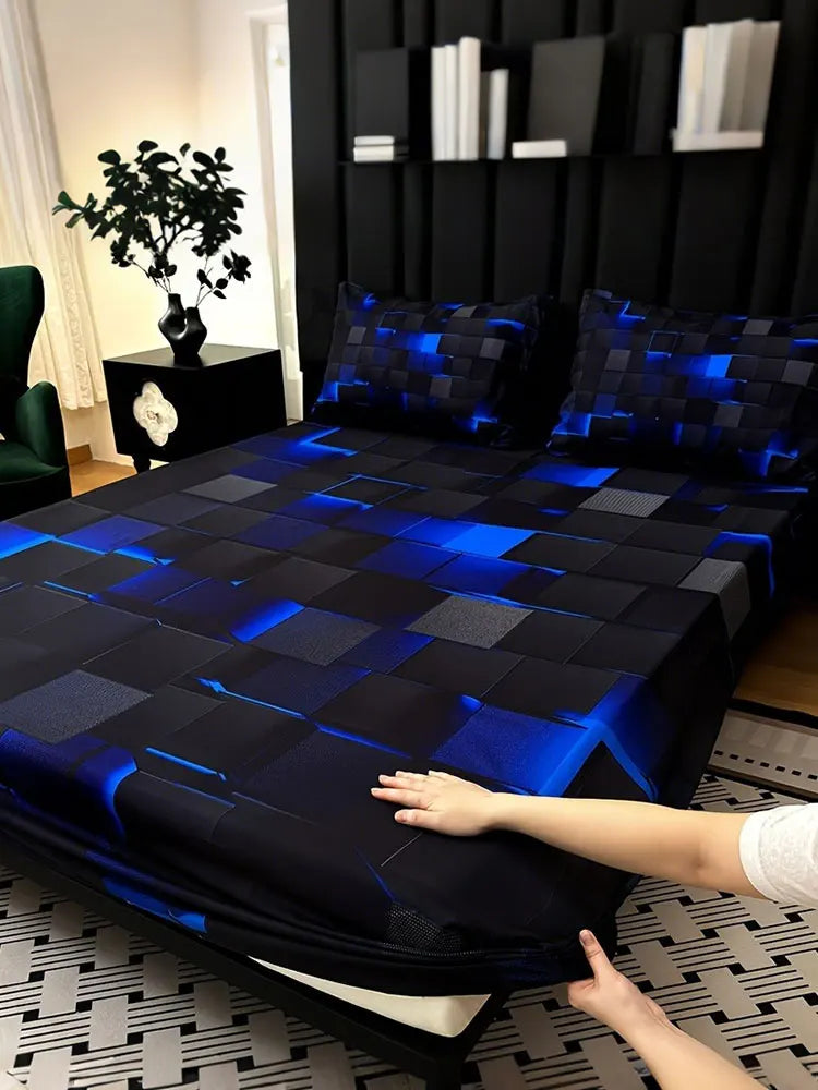 3pcs Cool Technology Digital Printing Material Plaid Fitted Sheet(1pc Bed Sheet+2pcs Pillowcase No Filling)