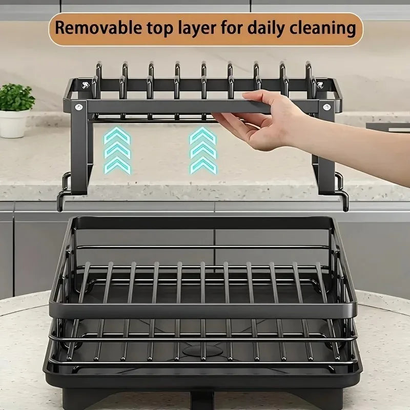 Double-Tier Extendable Dish, Utensil Rack & Draining Board for Kitchen Worktops
